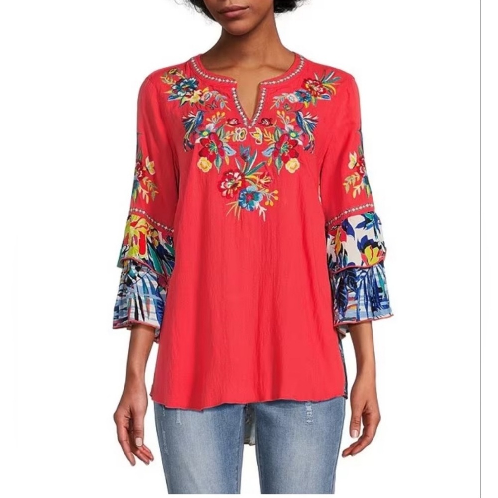 John Mark Tropical Floral print tunic top embroidered split neck and sleeves